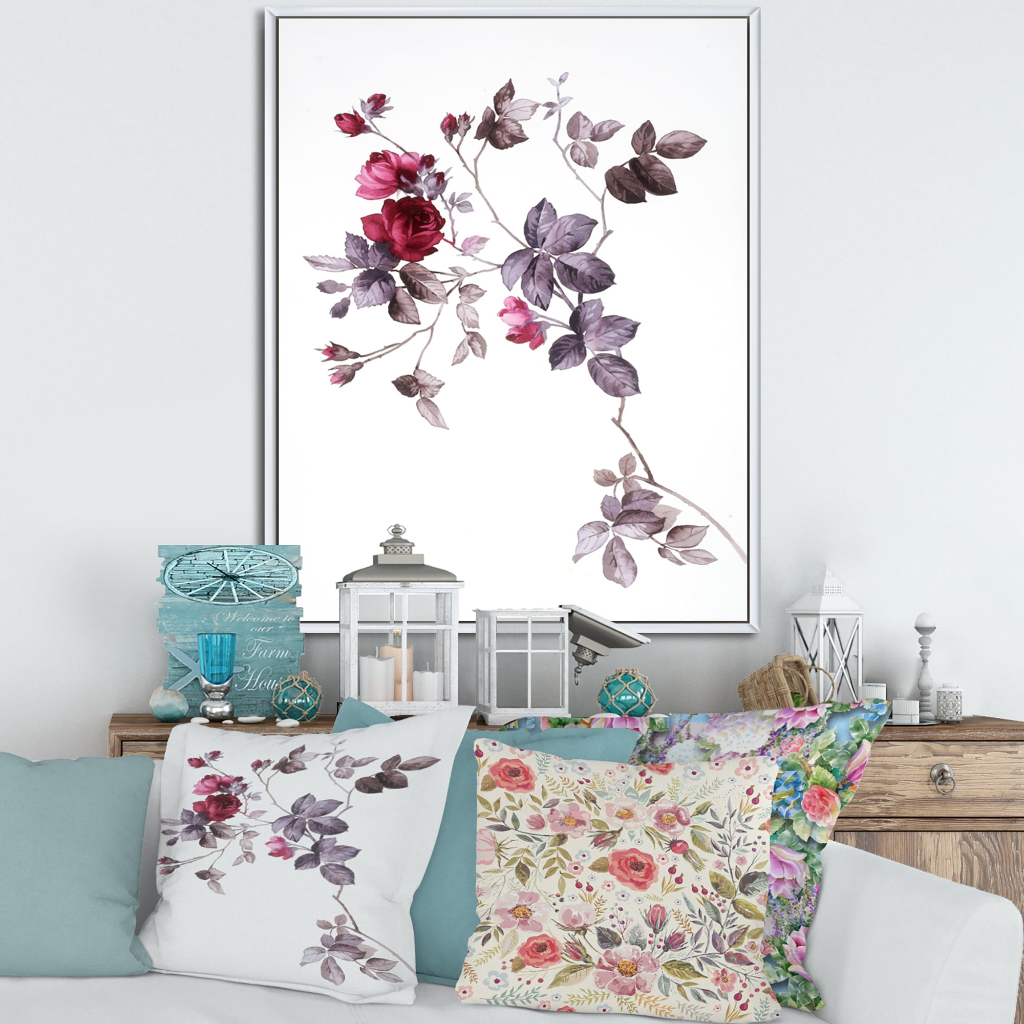 Designart 'Purple Wildflowers On White II' Traditional Framed Canvas Wall Art Print
