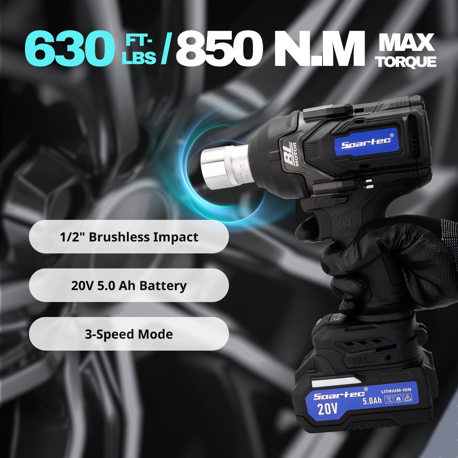 Soartec 1/2" 20V Cordless Impact Wrench 850N.M. Brushless Motor