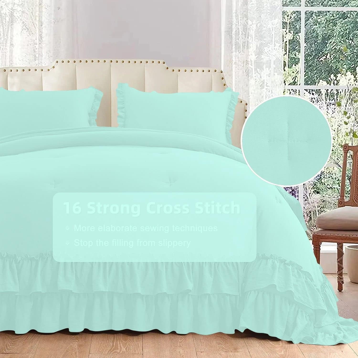 5 Piece Luxury 5 Inch Two Layer Ruffle Comforter 550 GSM All Season (Oversized King Size) Premium Super Soft - 800 TC, 100% Egyptian Cotton- Solid Auqa Blue Colour