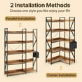 thumbnail image 4 of Gizoon 5 Tier Corner Bookshelf, 65" H  Bookshelf Reversible Bookcase with 4 Hooks, A Storage Basket, Sturdy Metal Frame, Adjustable Feet, for Living Room, Kitchen, Office, Retro, 4 of 9