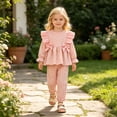 thumbnail image 2 of Bobifish Toddler Girls Outfit Sets Long Sleeve Plaid Bowknot Tops Ruffles Pants Outfits Outdoor Vacation Children Girls Sets, 2 of 4