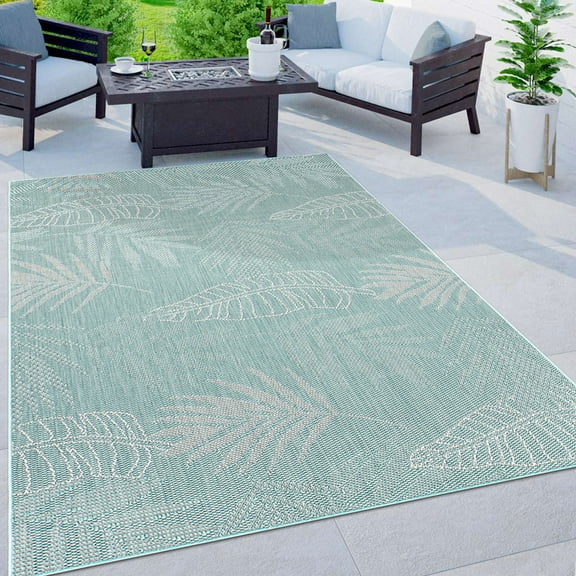Contemporary Floral Leaves Indoor/Outdoor Flatweave Waterproof Backyard Patio Blue 5'x7' Area Rug