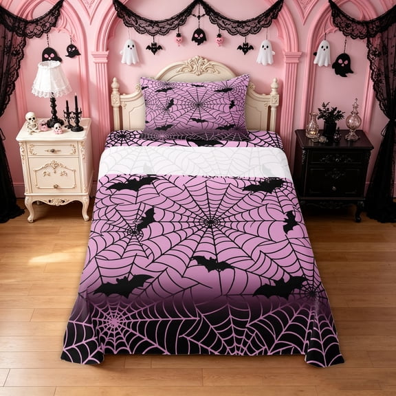 Feelyou Spooky Spider Web Twin Sheets, Halloween Bat Animal Bedding, Pink Black, 3 Pieces, 1 Flat Sheet, 1 Fitted Sheet and 1 Pillowcase