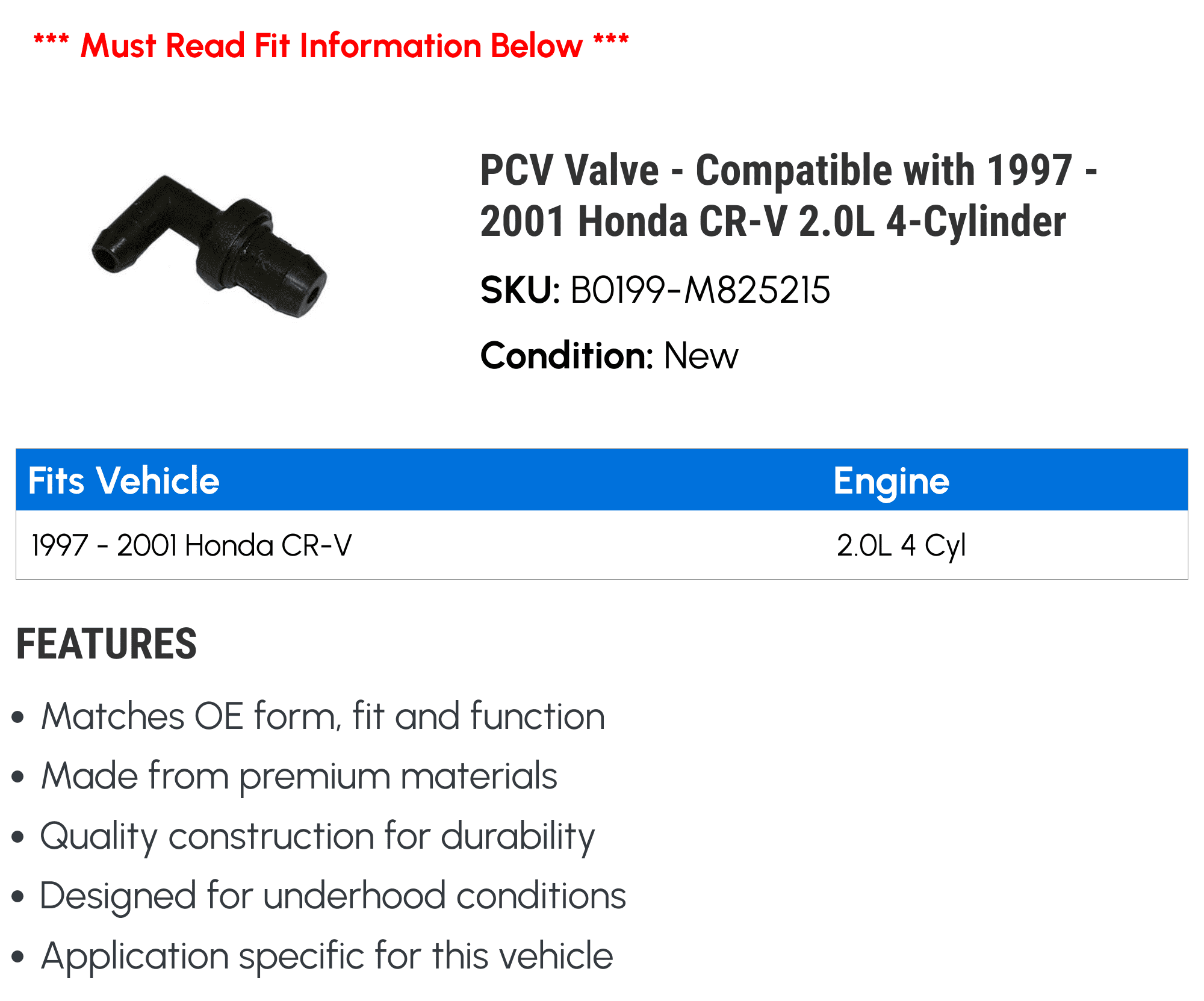 PCV Valve - Compatible with 1997 - 2001 Honda CR-V 2.0L 4-Cylinder - Beck Arnley