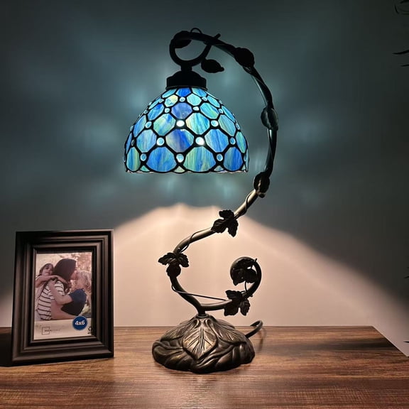 Tiffany Table Lamp Blue Stained Glass Crystal Beans LED Bulb Included for Living Room Bedroom Bedside 21"H