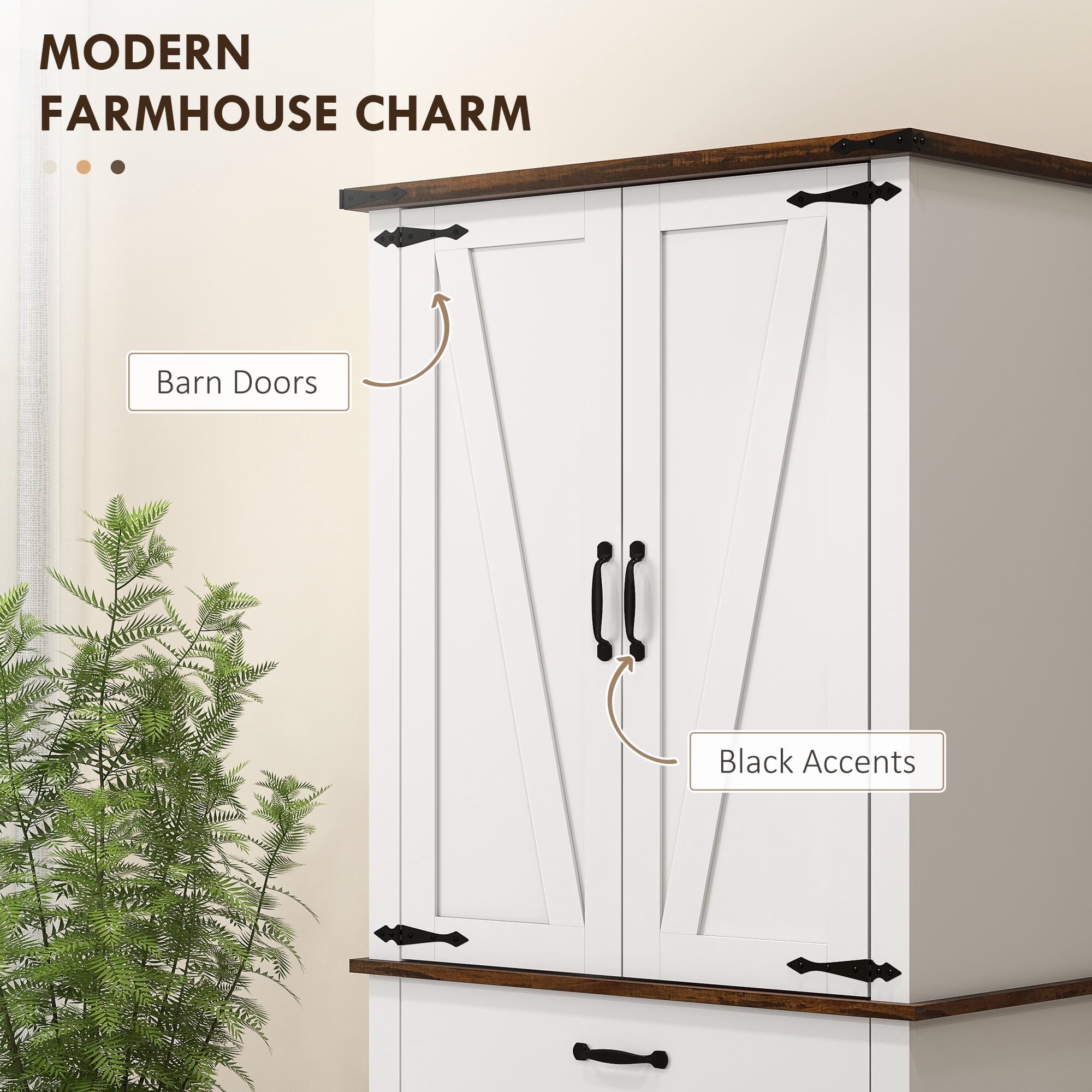 HOMCOM Tall Kitchen Pantry Cabinet, Farmhouse Storage Cabinet with Barn Doors, 6 Door Shelves, Drawer, Adjustable Shelves, Freestanding Cupboard