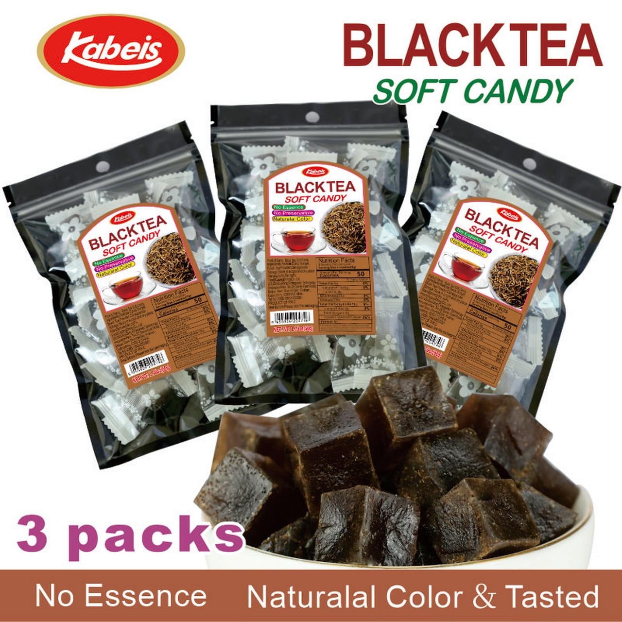 Kabeis Black Tea Flavored Chews Chewy Gummy Candy 1.76oz per bag,3 Bags