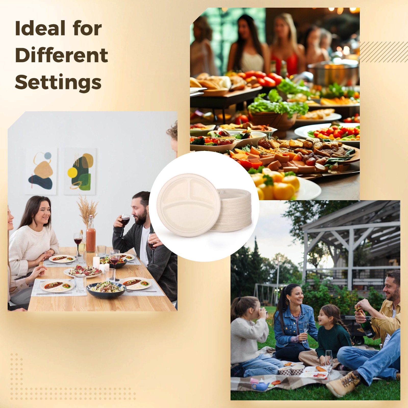 125 Pcs Disposable Paper Plates, 9" 3-Compartment Plates, Waterproof & Oil-resistant Divided Plates, Microwave Safe, Heavy-duty Round Plates for Party, Picnic, BBQ, and Everyday Meals
