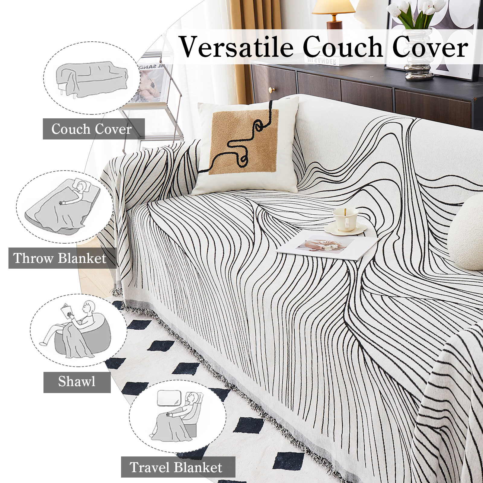 Eurhowing Boho Couch Cover for 2-3 Cushion Couch, Chenille Sofa Cover Blanket with a Pillowcase, Anti-Slip Tassel Sofa Slipcover for Pet, (71'' x 118'', Black Stripe)