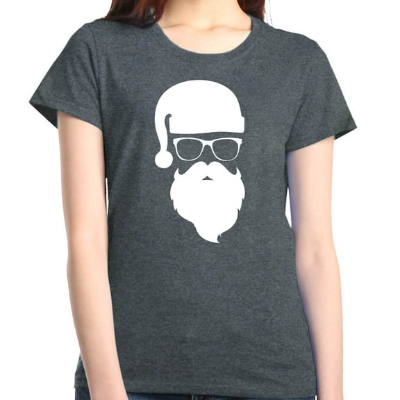 Shop4Ever Women's Hipster Santa with Glasses Christmas Graphic T-Shirt Medium Dark Heather