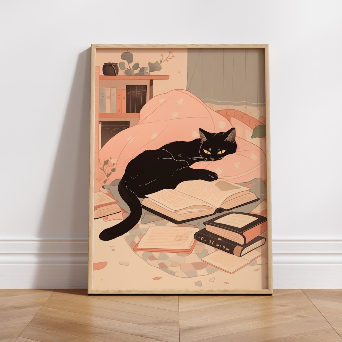 Black Cat Reading Poster Girl Vintage Reader Catful Bookish Bedroom And Gallery Wall Decor