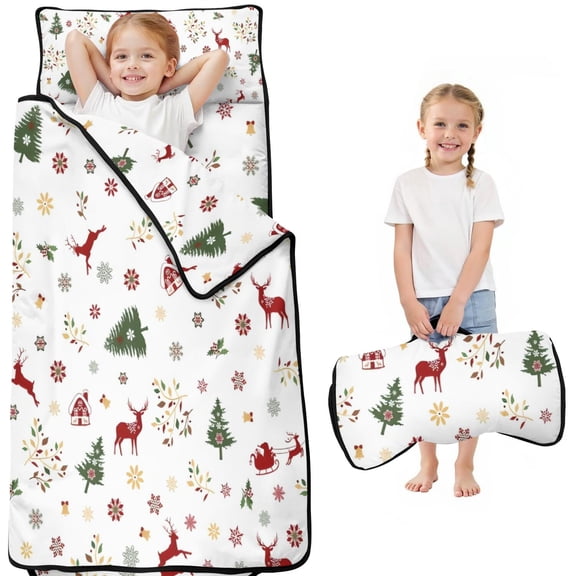 White Christmas Reindeer Pattern Toddler Nap Mats for Kids Preschool,50"x20" Sleeping Mat Bag or Kids,Toddler Sleeping Bag,Toddler Nap Mat or Daycare