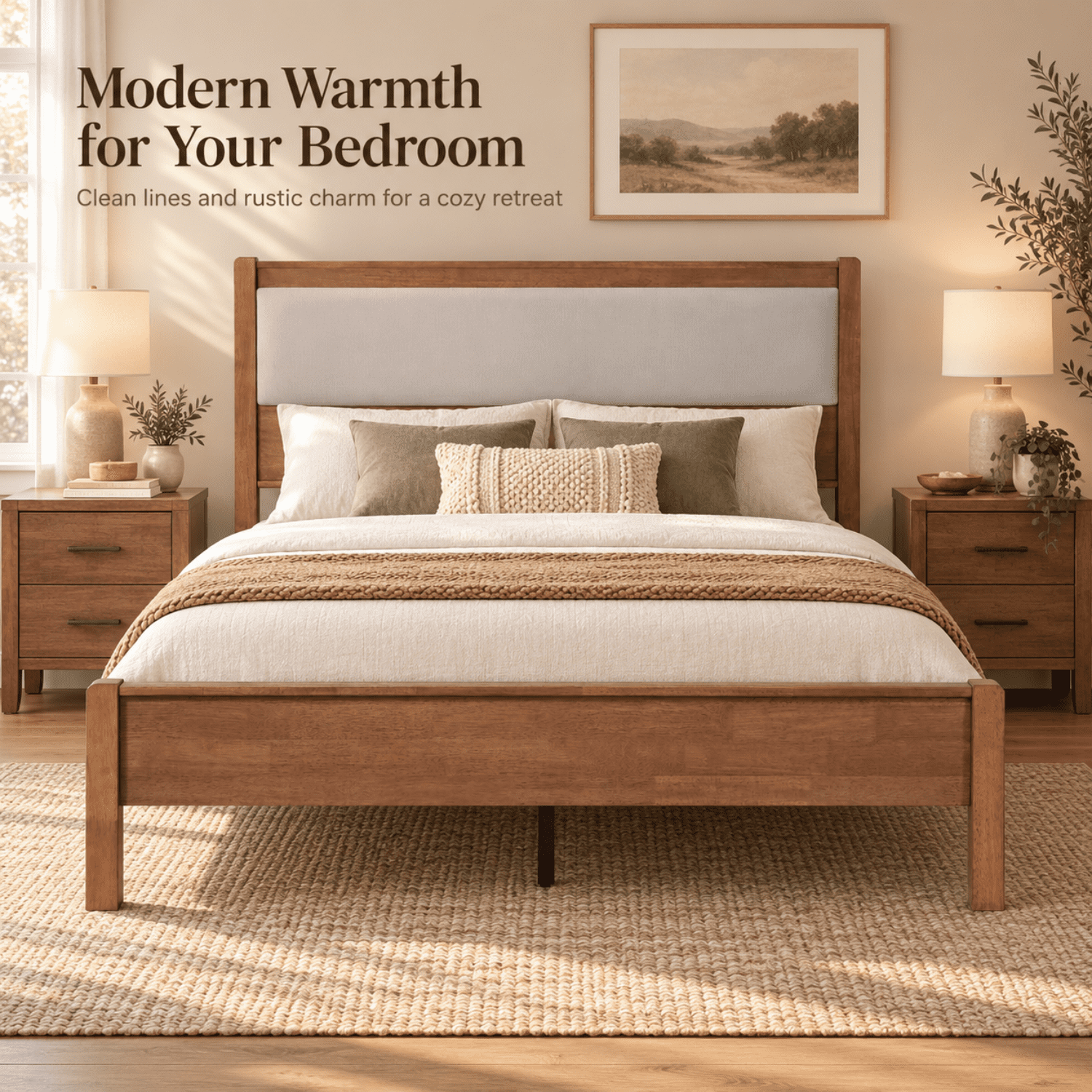 Miniyam Queen Rubberwood Platform Bed Frame with Padded Upholstered Headboard, Brown