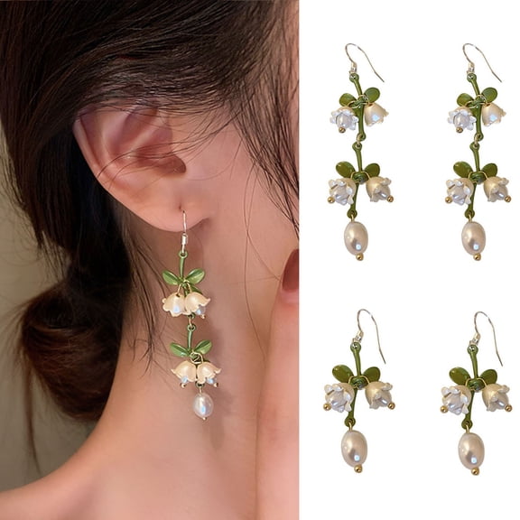 harmtty 1 Pair Drop Earrings Piercing Exquisite Bright Color Green Leaves Faux Pearls Hook Earrings Jewelry Gift