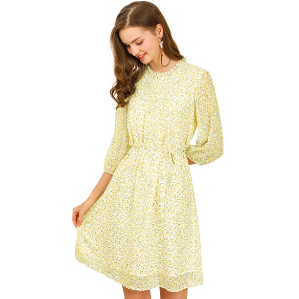 Vestido Floral Vintage A-Línea Escote Con Ribete De Volantes Cintura Del Lazo Para Mujeres Beige M Unique Bargains Vestido