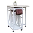 thumbnail image 3 of Semicircular Folding Dining Table Cart with 2 Drawers and 2 Stools, Bar Table Set Cart with Wooden Handle, Wheels and Footrest, 3 Pack Drop Leaf Table Set for Kitchen and Restaurant, White, 3 of 9