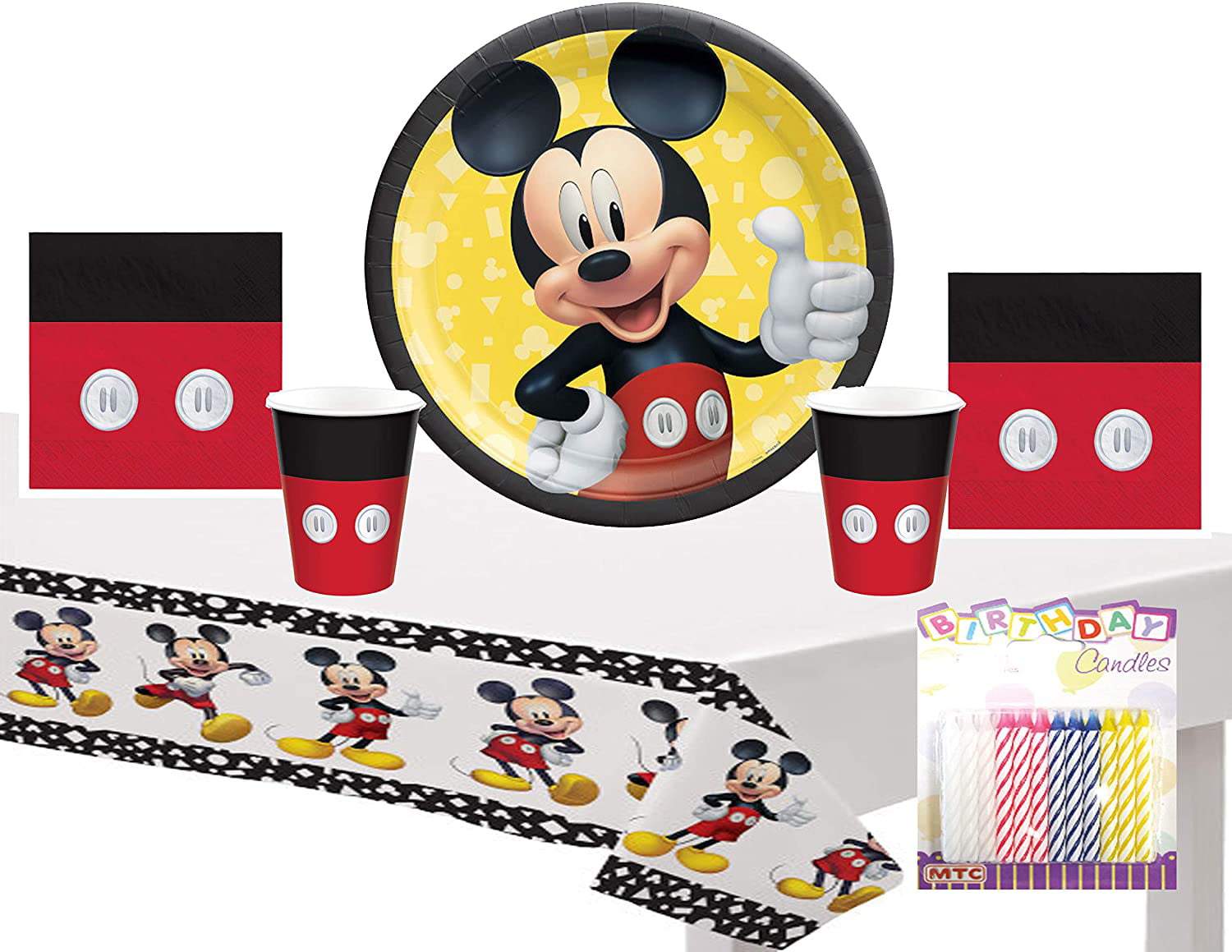 Mickey Mouse Forever Party Supplies Pack Serves 16 Bundle for 16 Dinner Plates Luncheon Napkins Cups and Table Cover with Birthday Candles
