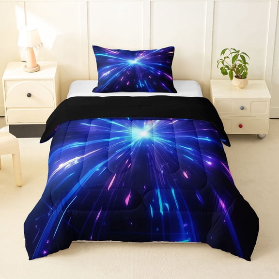 Homewish Blue Neon Lines Twin Comforter Sets,Abstract Glowing Stripes Bedding Set,Black Reversible,2-Piece,1 Comforter and 1 Pillowcase