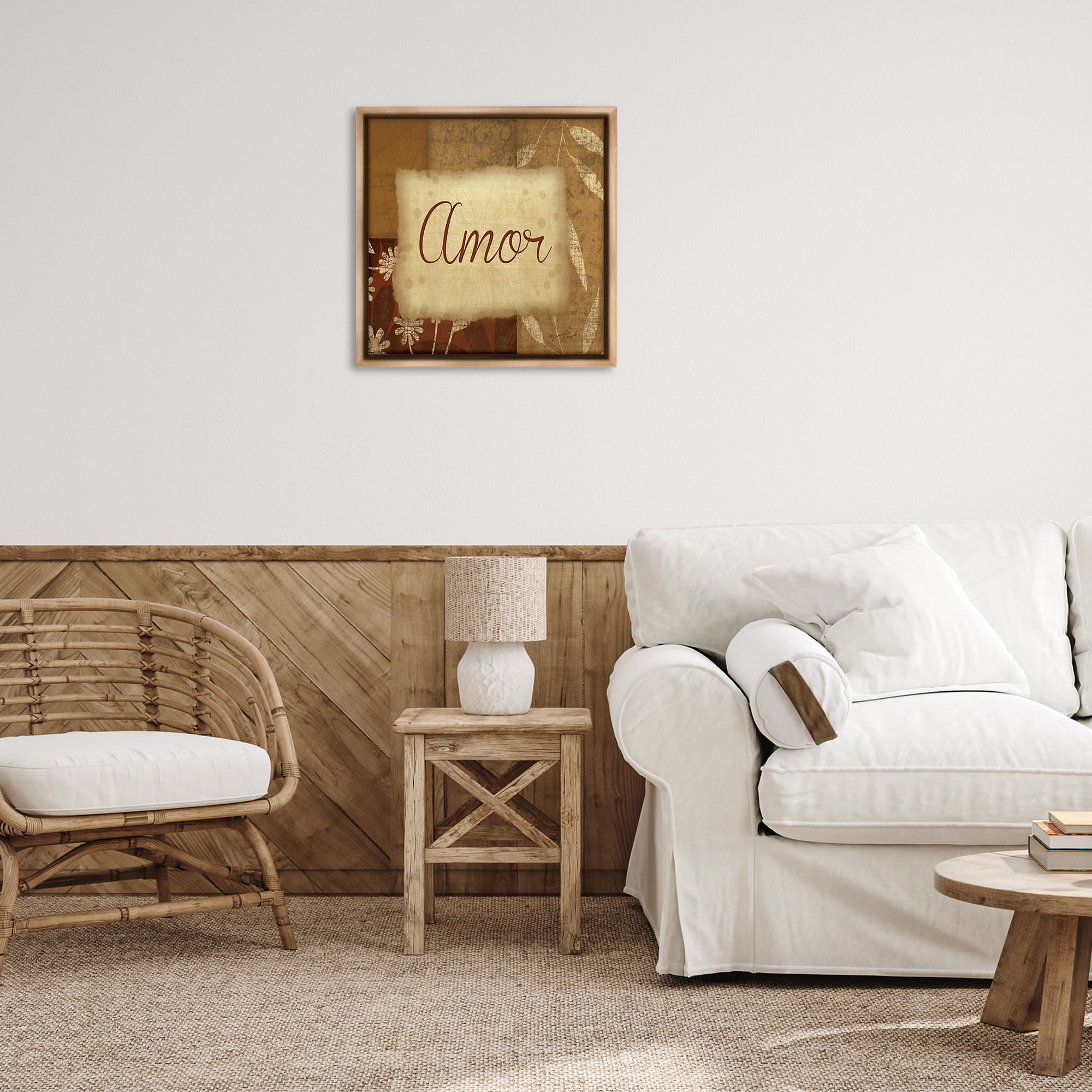 Stupell Industries Amor con Flores Tradicionales Typography and Symbols Painting Brown Floater Framed Art Print Wall Art, 25 x 25