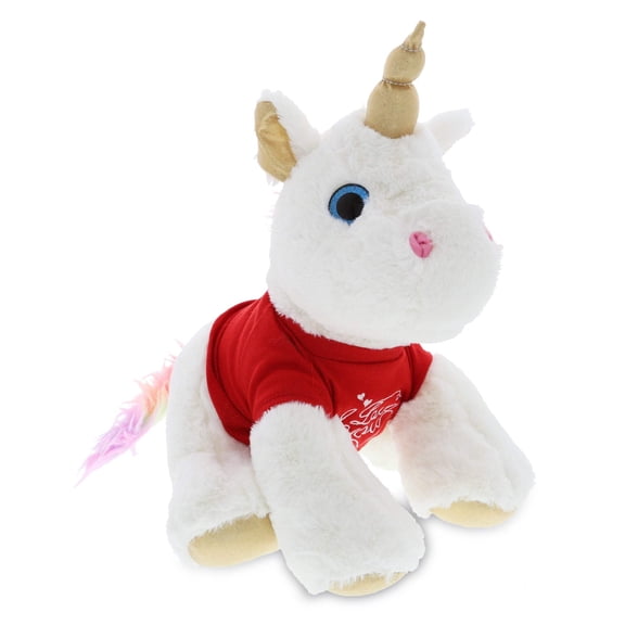 DolliBu I LOVE YOU Plush White and Gold Unicorn – Cute Stuffed Animal with Red Shirt for Valentine, Anniversary, Romantic Date, Boyfriend, or Girlfriend Gift – 11.5 Inches