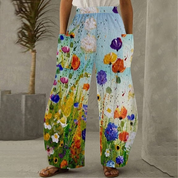 Lilgiuy Women Casual Printing Pockets Elastic Mid-Waist Comfortable Wide-Legged Loose Pants Dance Performance Pants