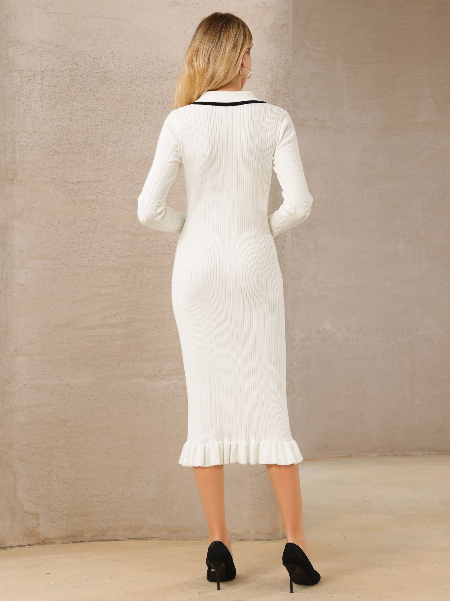DARING DIVA Women's Long Sleeve Sweater Ruffled Trim Dress XL White