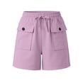 thumbnail image 6 of Guieoi Shorts for Women Plus Size Solid-Color Drawstring Pleated Button-Front Cotton-Linen Pocket Casual Capri Pants Purple 0 XL, 6 of 6
