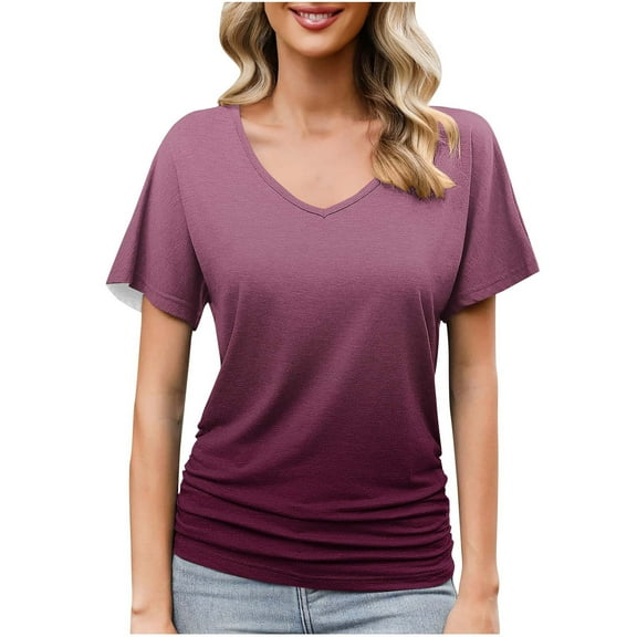fatyb Women's V Neck Short Sleeve Shirts Side Ruched Casual Blouses Summer Dressy Tunic Tops for Women