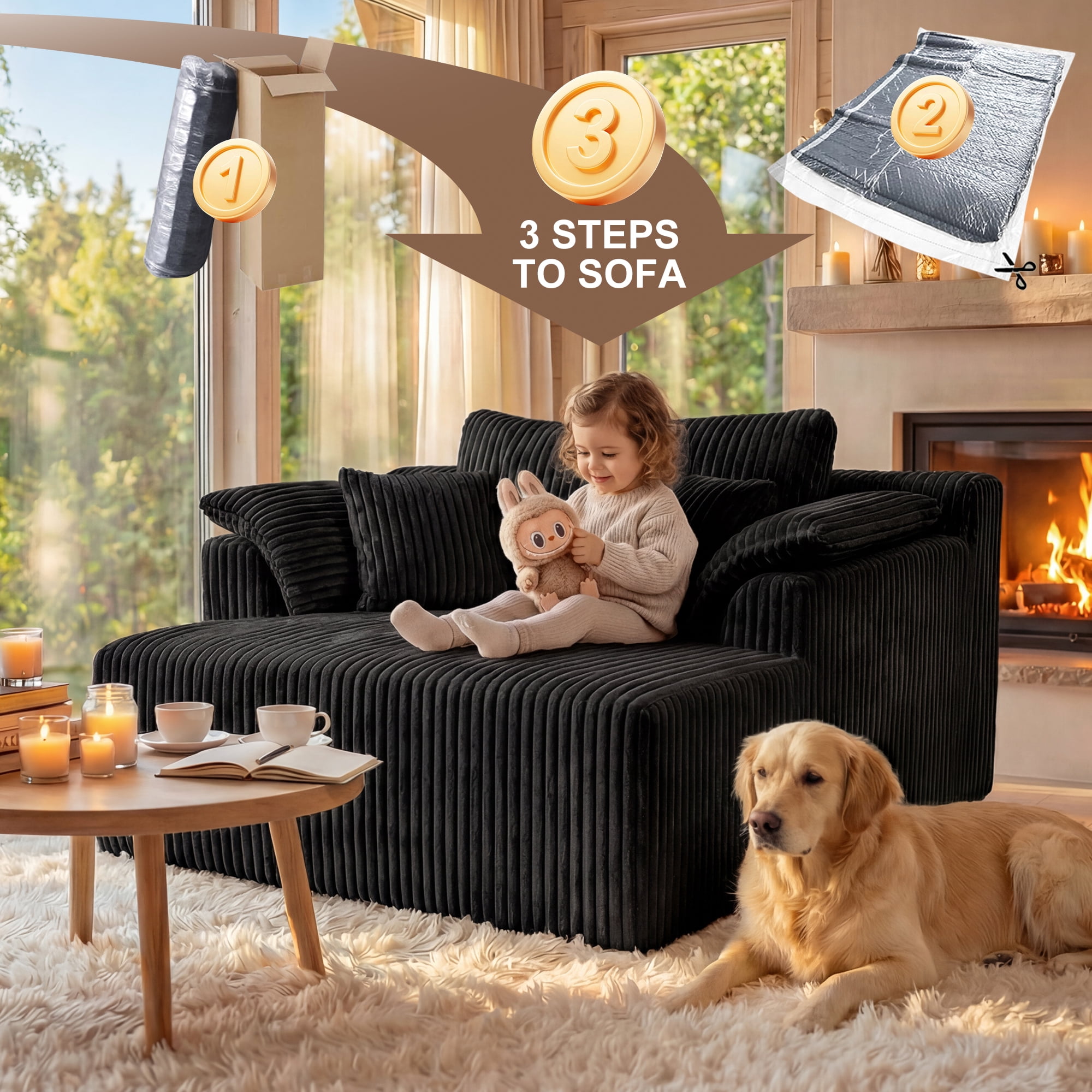 ChenyueFurn 60" Corduroy Chaise Lounge, Oversized Boneless Sofa Bed, Deep Seat Cloud Couch, No Assembly, Black