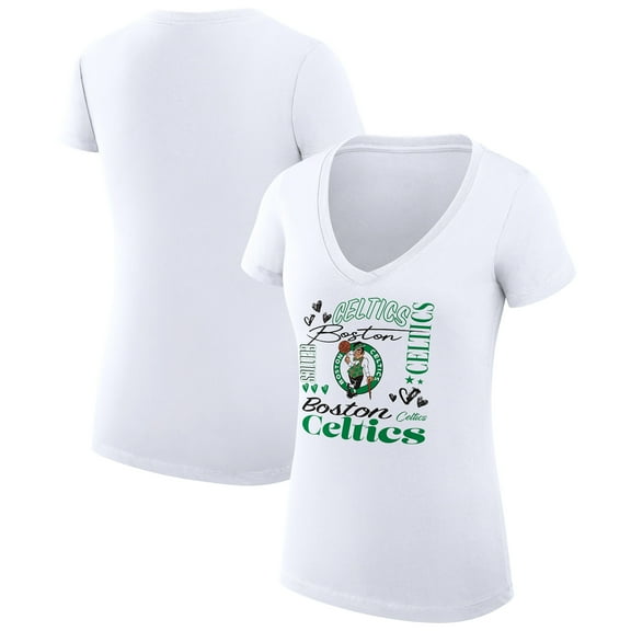 Women's G-III 4Her by Carl Banks White Boston Celtics Super-Slim Fit Lightweight Team Name Collage Graphic V-Neck