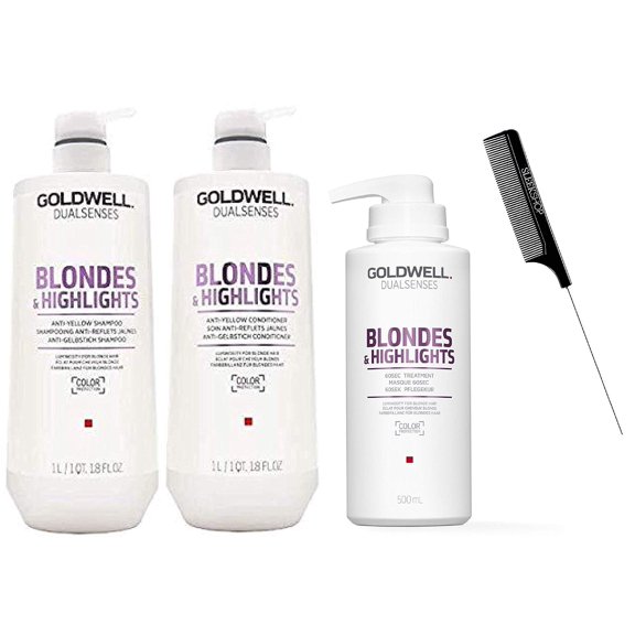 GOLDWELL Dualsenses Blondes and Highlights Anti-Yellow Shampoo, Conditioner, & 60sec Treatment TRIO Set (w/ Sleek Comb) Dual Senses Purple,Violet for Gray Hair (33 oz   33 oz   16 oz TRIO KIT)
