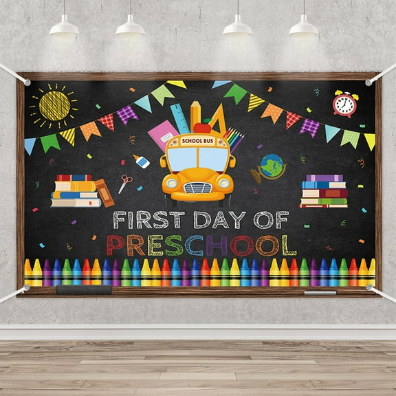 First Day of Preschool Photo Backdrop Globe Books Chalkboard Photographic Background Welcome Back to School Kindergarten Kids Classroom Party Decor Banner Photobooth Studio Props