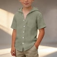thumbnail image 2 of FINALGANG Boys Kids Casual Short Sleeve Hooded Shirt Solid Color Bust Pocket Button Down Lightweight Shirt For Summer Daily Wear Outdoor Activities Army Green 9-10 Years, 2 of 4