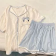 thumbnail image 3 of Pyjama d'Été pour Femmes Style Coréen, Manches Courtes, Design Nœud Brodé, Coupe Ample et Douce pour la Maison, 3 of 5
