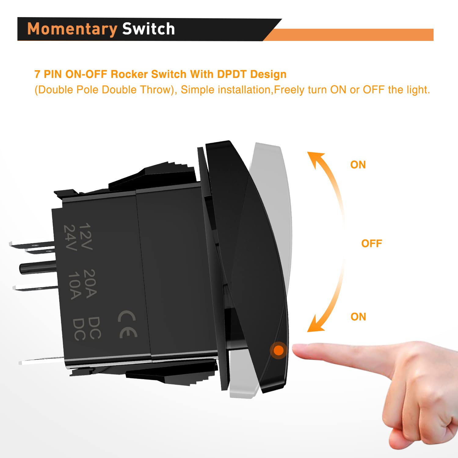 Waywe Winch Rocker Switch Momentary Toggle DPDT 7 Pin On-Off-On Switch with Jumper Wires, 12V/24V In/Out Control for Car, Truck, RV, Boat
