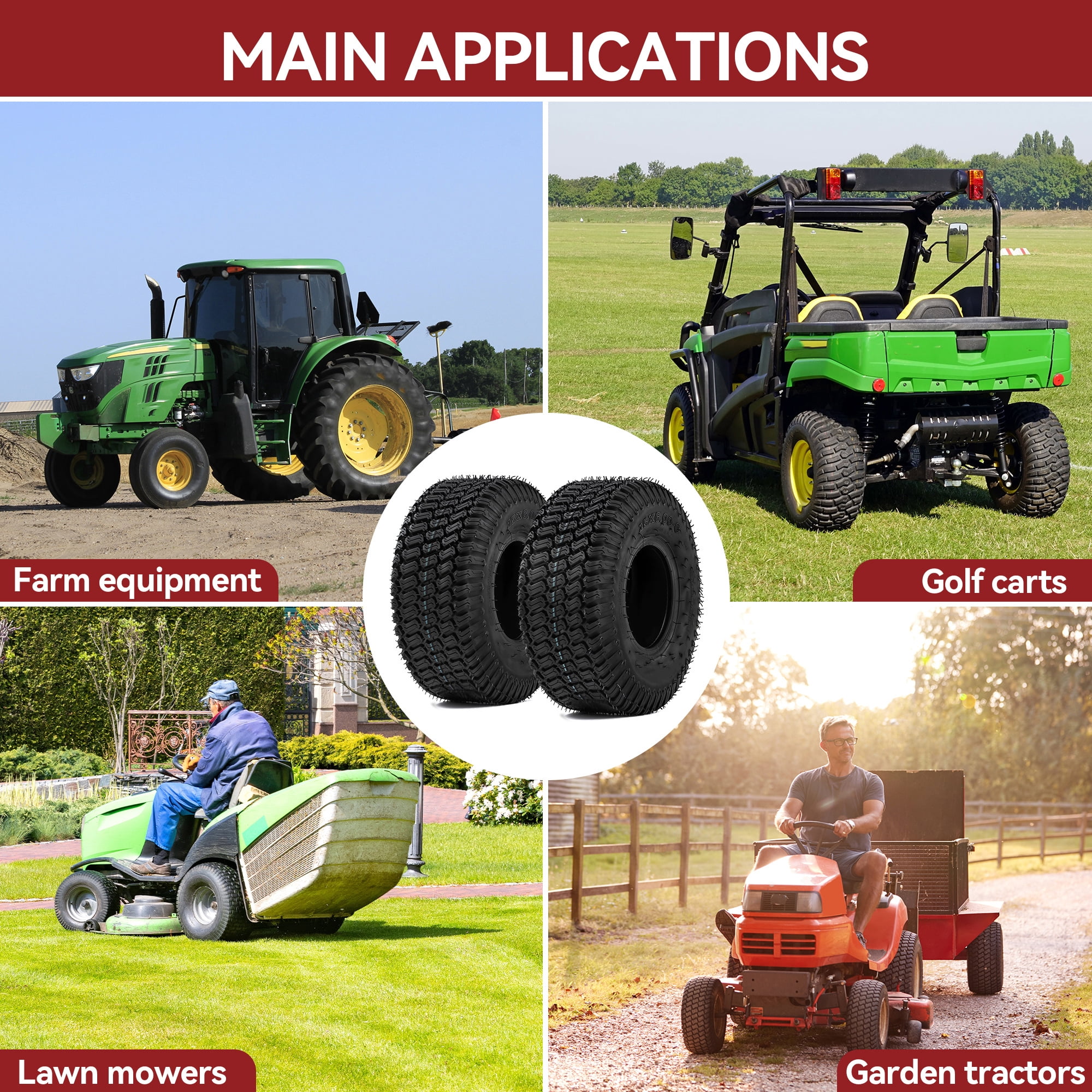 Uforic Set of 2 15x6.00-6 Lawn Mower Turf Tires, Heavy Duty 4 Ply Tubeless Replacement Tires, 570 LBS Max Load Capacity for Riding Lawn Tractors & Garden Vehicles