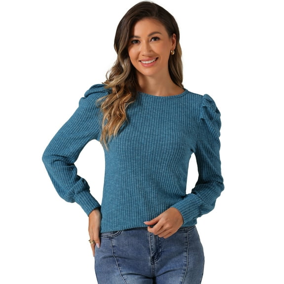 DARING DIVA Women's Puff Long Sleeve Tunic Tops Knit Crew Neck Shirt Blue XS