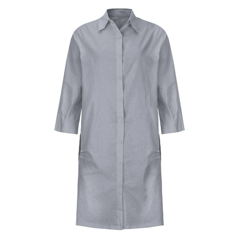 Women Plus Size Button Up Linen Shirt Dress Comfortable Loose Beach Cover Ups Long Sleeve Dress with Pockets