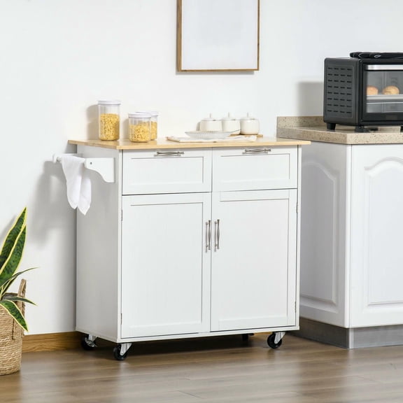 Resenkos 41" Modern Rolling Kitchen Island on Wheels, Utility Cart Storage Trolley with Rubberwood Top & Drawers, White