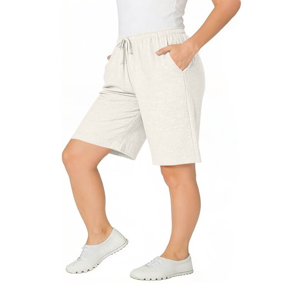 hoksml Women's Plus Size Casual Shorts, Elastic Waist Drawstring Shorts with Pockets, Cotton-Blend Mid-Length Lounge Shorts XL-5XL
