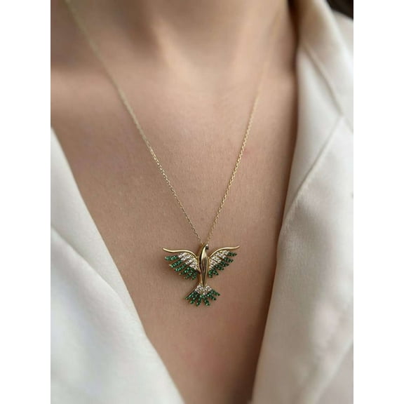 1CT Green Emerald 925 Silver Phoenix Bird Pendant 14k Yellow Gold Plated