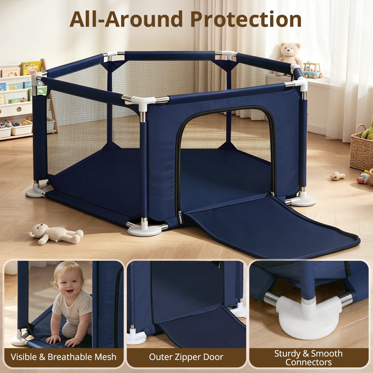 Baby Playpen, Travel Baby Playards, Baby Play Yard, 6Panels Portable Infant Play Game Area,Blue