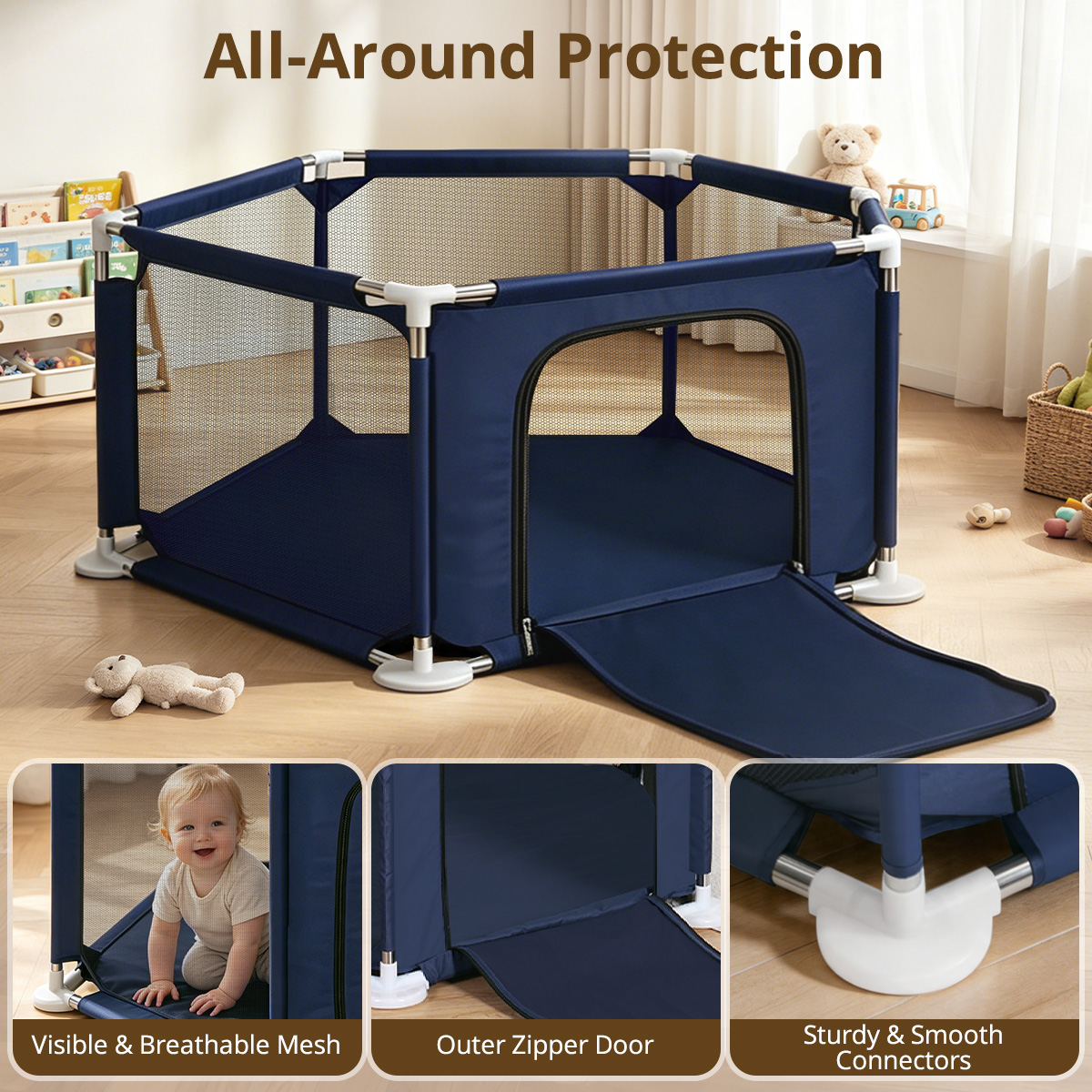 Caveen 6-Panel Portable Baby Playpen, Blue photo 3
