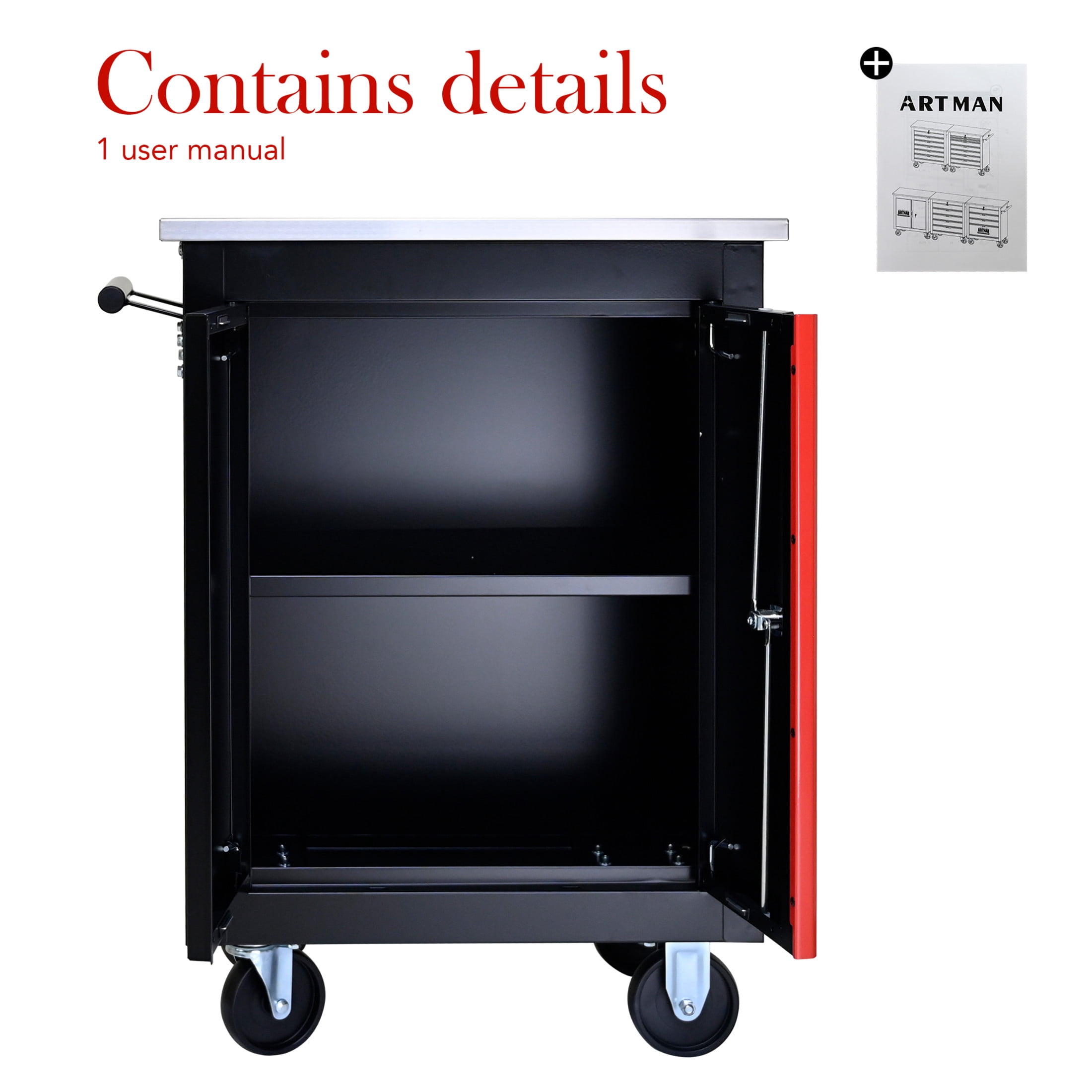 Noble House 22" Double-Door Multi-Function Tool Cart, Modular Expandable Steel Utility Cabinet, Black & Red