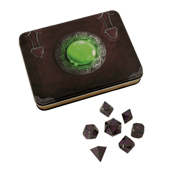 Wizards Grimoire with Whispers of the Void | Shiny Black Nickel with Purple Numbering  Metal Dice -