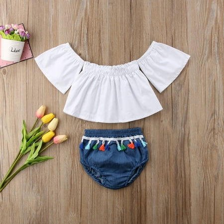 

Baby Girls Summer Off Shoulder Ruffle Bell Sleeve T-Shirt Tank Tops+Multicolour Tassels Bottom Short Pants Outfits