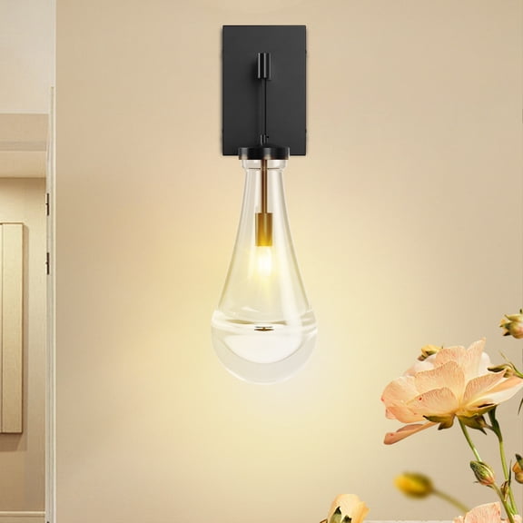 GCGAFUL Raindrop Wall Sconces, Modern Matte Black Vanity Lights with Thick Clear Glass , Dimmable Wall Lighting for Bathroom, Bedroom, Hallway