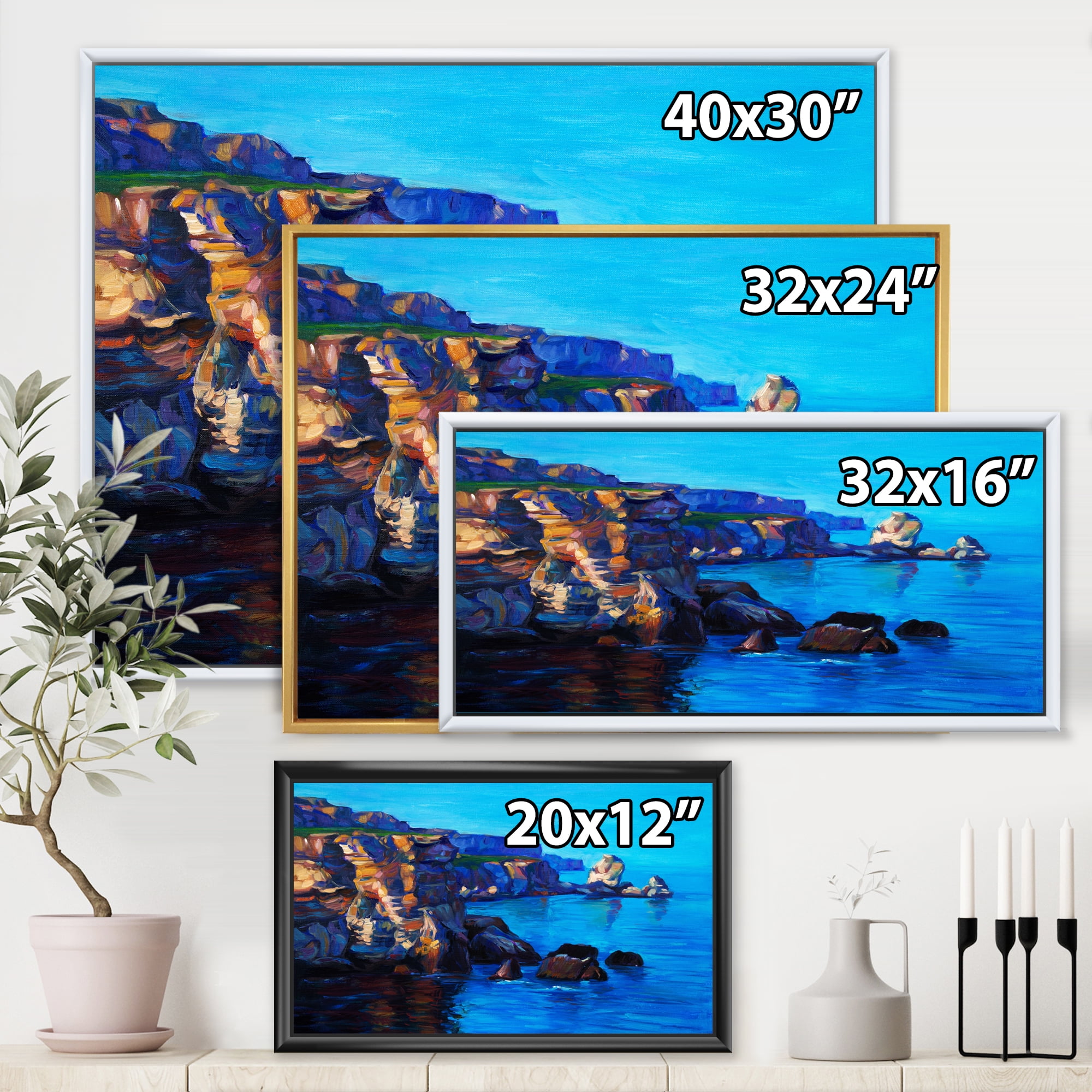 The Ocean By Cliffs In The Evening Glow 32 in x 24 in Framed Painting Canvas Art Print, by Designart