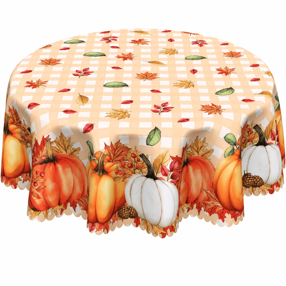 Verolix Fall Round Tablecloth 60 Inch, Waterproof Polyester Table Cover with Pumpkin and Plaid Pattern, Wrinkle Resistant Washable Tablecloth for Thanksgiving Dining Picnic Outdoor Party Decor