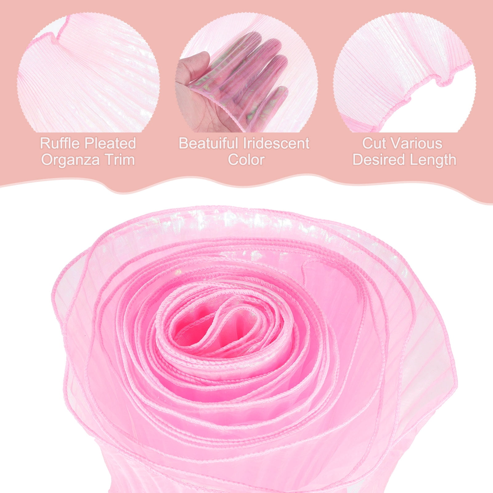5.5" x 11 Yards Ruffle Pleated Organza Trim Iridescent Pleated Lace Trim Ribbon for DIY Craft Dress Clothing Wedding Gift Home Decoration, Pink